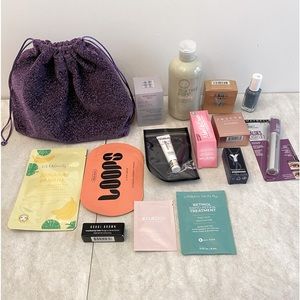 Purple sparkle make up pouch with samples